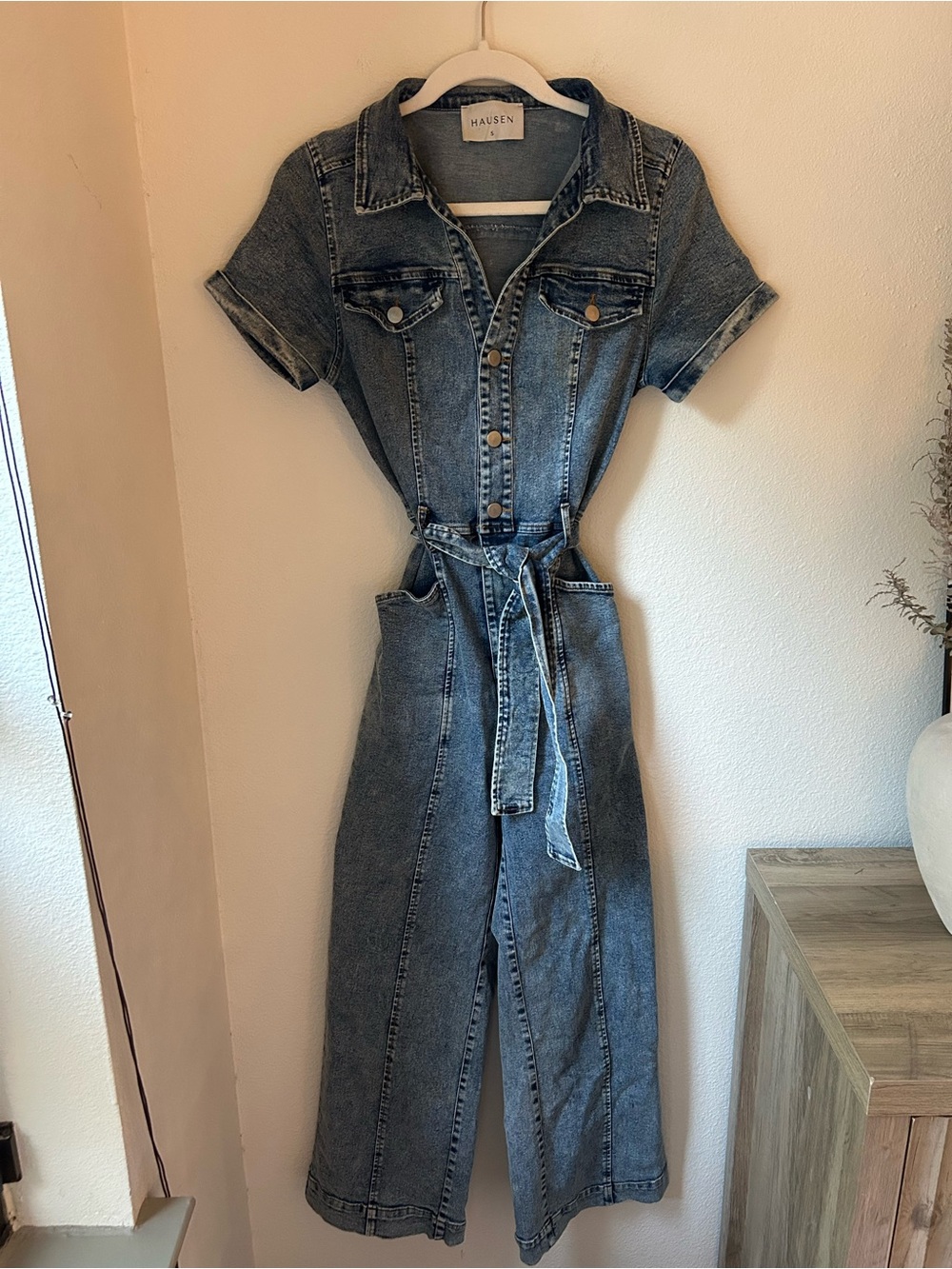Denim Jumpsuit - Belted Short Sleeve